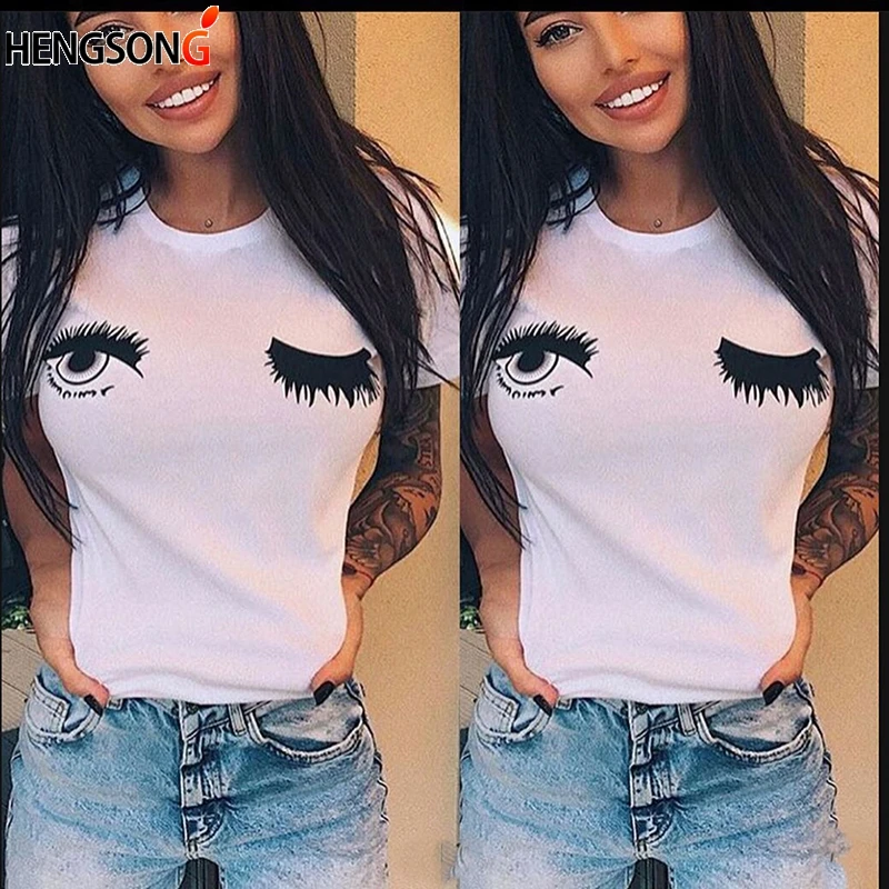 

Cute Wink Eyes And Eyelashes Printed T-shirt Women Casual Short Sleeve O-neck Top Tees Summer Blusas