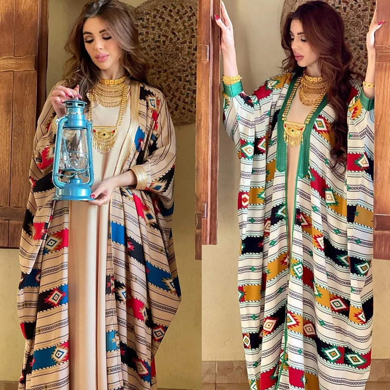 

Fashion Ladies Striped Embroidered Printed Doll Sleeves Muslim Tank Top Dress abaya Jacket Two Piece