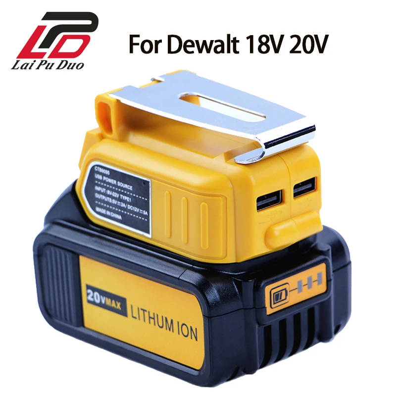 

Dual USB and LED Display Converter Adapter with 12V 5A DC Interface and Clip for Dewalt 18V 20V Li-Ion Battery