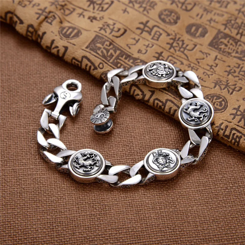 

S925 Sterling Silver Ancient Four Mythical Beasts Can Turn Men's Domineering Bracelet, Retro Personality Jewelry Lucky Jewelry