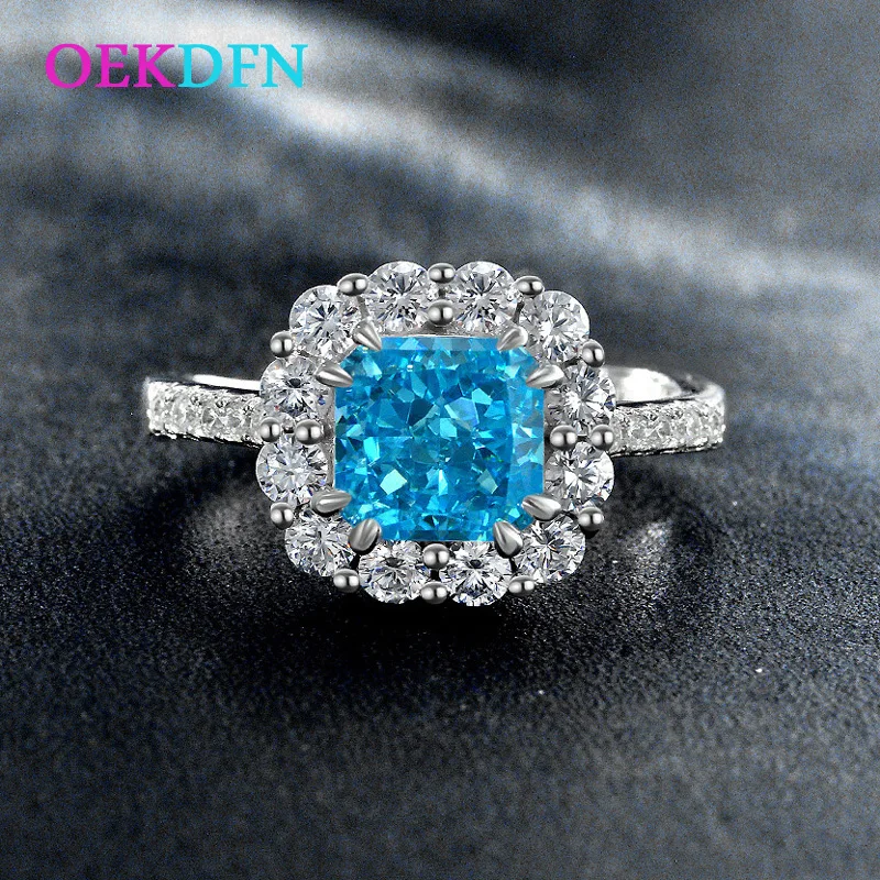 

OEKDFN 925 Sterling Silver Ring Ice Flower Cut 7*7MM Created High Carbon Diamond Sapphire Gemstone Rings For Women Fine Jewelry