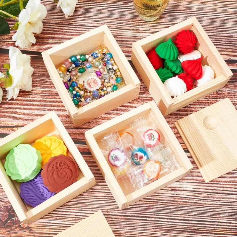 4Pcs Unfinished Natural Wooden Box Square Slide Top Jewelry Storage Container Multi-function Crafts Packing Case DIY Decor