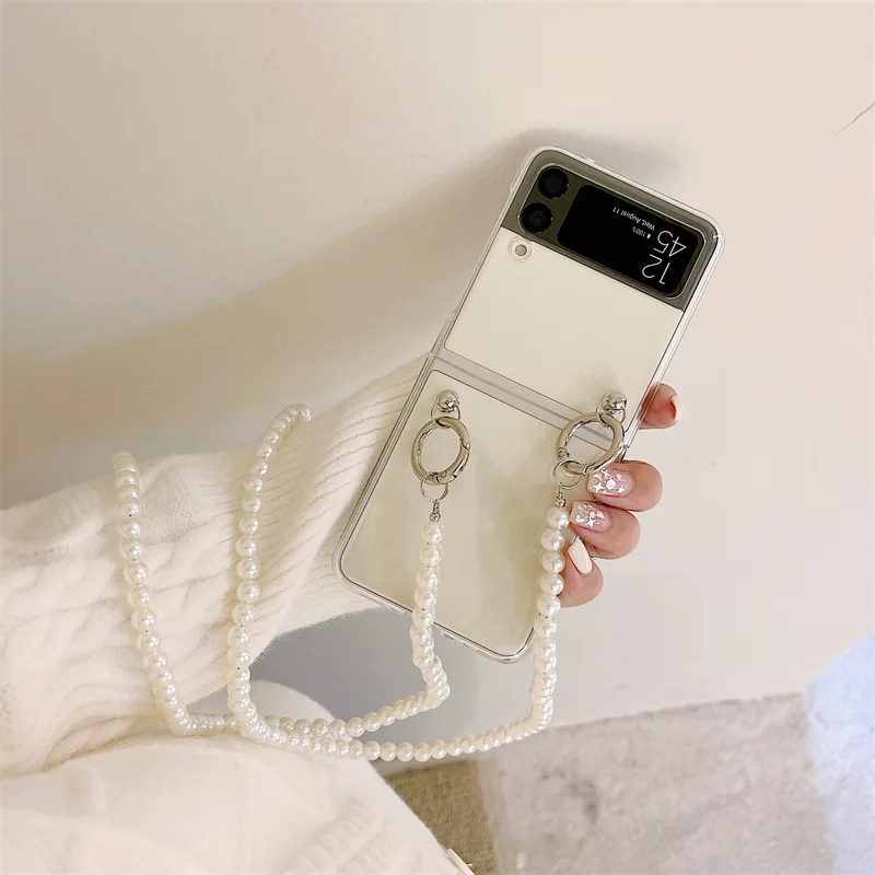 

Luxury Long Pearls Chains Lanyard Case for Samsung Galaxy Z Flip 3 Z Flip 4 Hard PC Back Cover for ZFlip3 ZFlip4 Case Shell