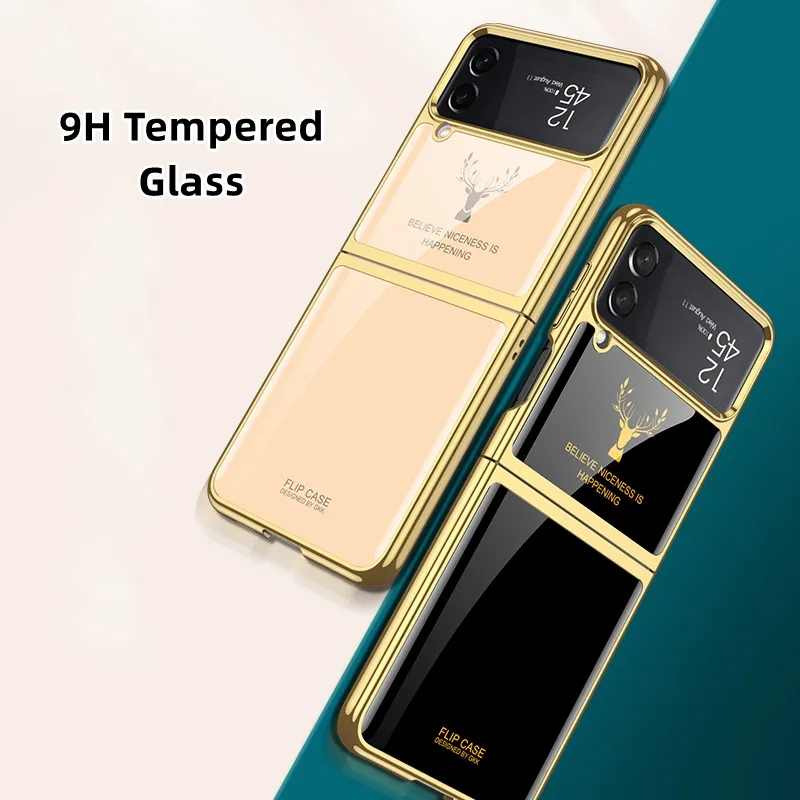 Cartoon Deer Phone Case For Samsung Galaxy Z Flip 4 Tempered Glass Shell Shockproof Protective Scrach Proof Flip Cover Gift Case