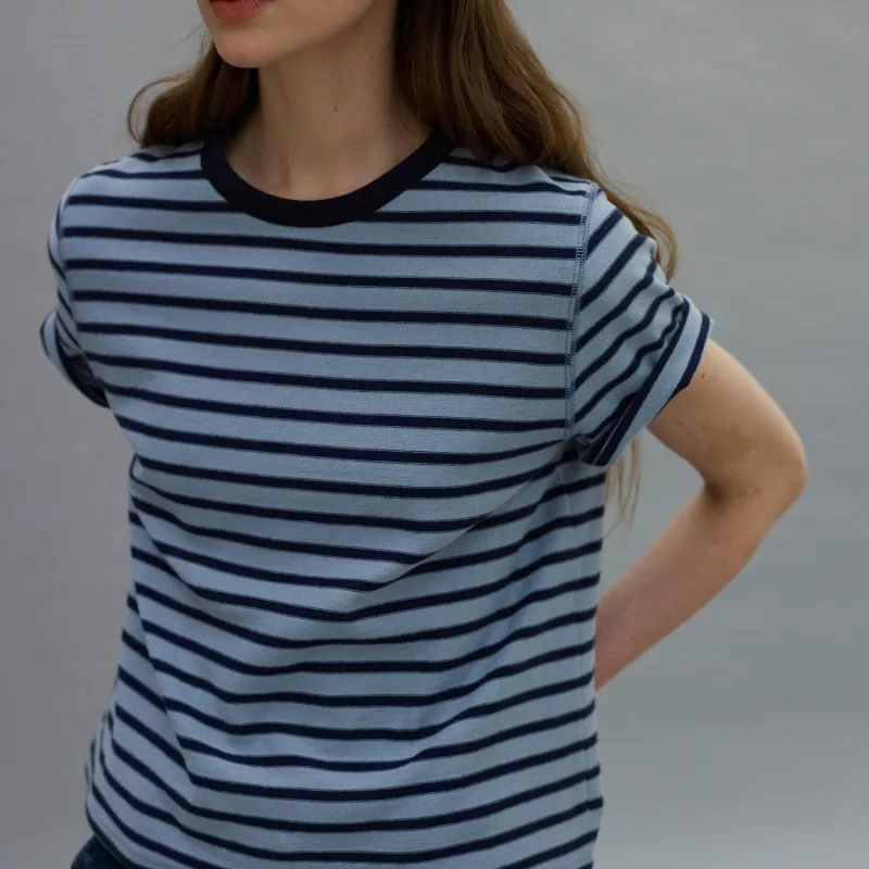 

Striped T-shirt Retro Spring/Summer Pure Cotton Round Neck Short Sleeve Top