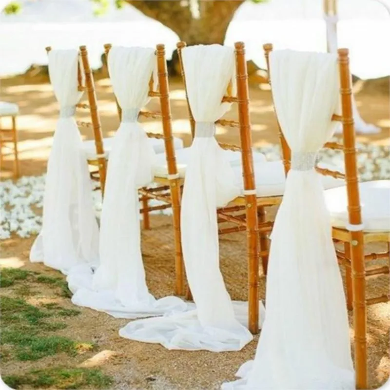 

180 X 280cm Top Quality White Chiffon Wedding Chair Cover Sashes Romantic Wedding Party Banquet Chair Back Decoration 50 Pieces