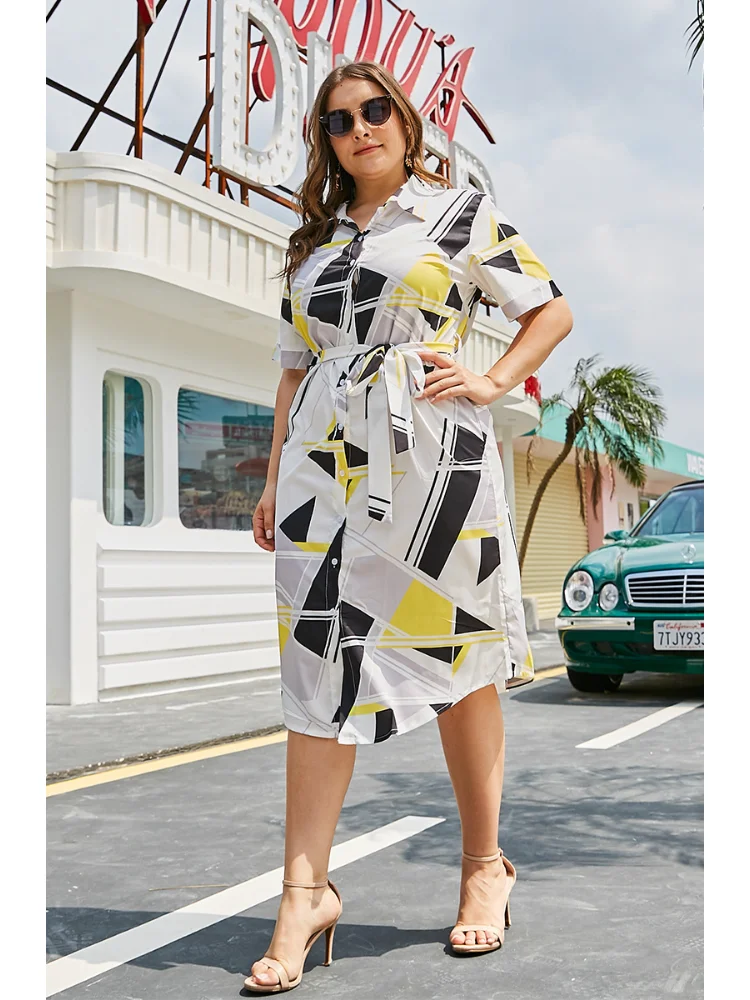 Short-sleeved plus-size women shirt skirt summer printed casual lace-up dress plus size feminino