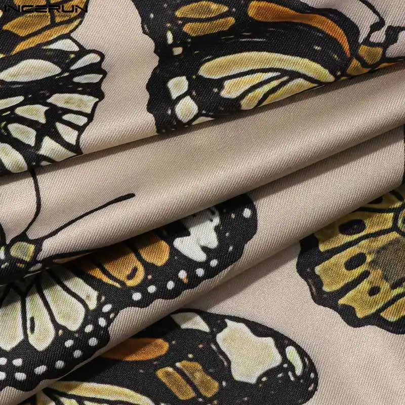 Sexy New Men Loungewear Stylish Well Fitting Bodysuit Long Sleeved Bodysuit Turn-down Collar Printing Rompers S-5XL INCERUN 2023