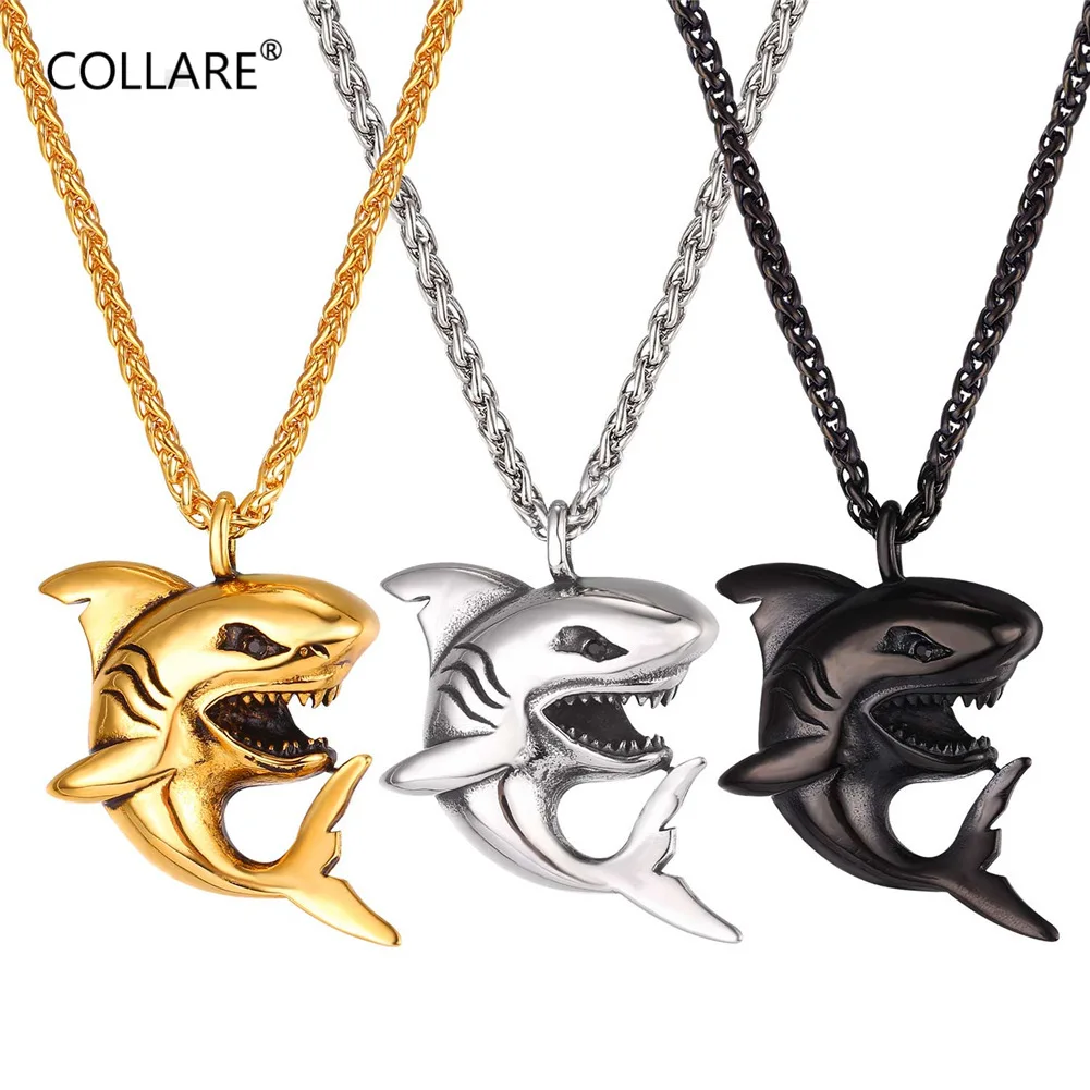 ChainsPro Shark Pendant Gold/Black Color 316L Stainless Steel Ocean Animal Jewelry Wholesale Shark Week Beach Necklace P803