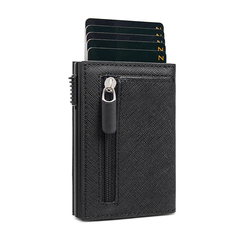 

Bycobecy RFID Credit Card Holder Case Smart Wallet For Men Zipper Hasp Money Bag Aluminum Box Slim PU Leather Wallets Coin Purse