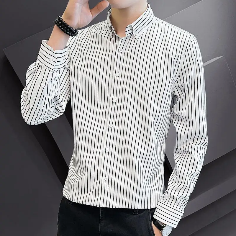 Comfortable All-match Trend Slim Single Breasted Turn-down Collar Smart Casual Shirts Fashion Striped Business Men's Clothing