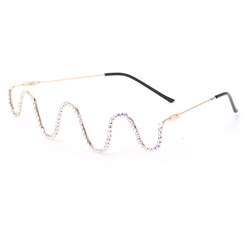 

New Fashion Diamond Studded by Hand Half-Rim Glasses Women's Fashion European and American Metal Wave No Piece Decorative Glasse