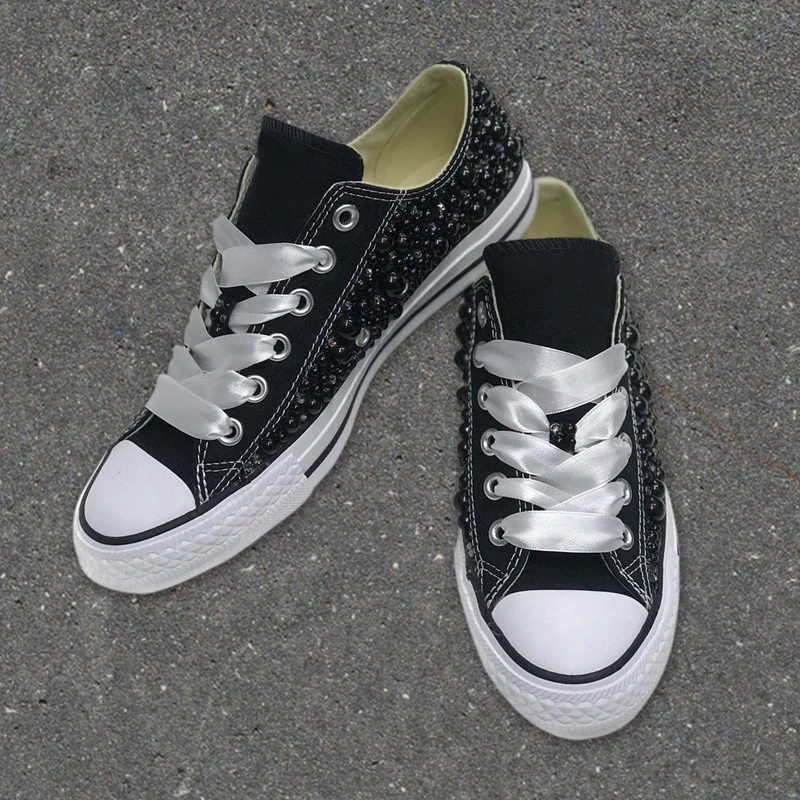 

Black low top pearl rhinestone ribbon accessories custom canvas shoes comprehensive sports and leisure shoes women's shoes 35-46