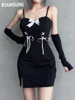 iamsure bow bandage split dress with gloves sexy slim sleeveless mini dresses for women 2022 summer fashion ladies sweet cute