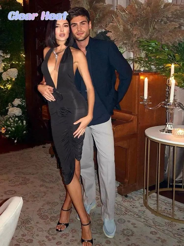 

Женское модное однотонное платье с цветочным 3d принтом и лямкой на шее, плиссированные платья без рукавов с глубоким V-образным вырезом, осень 2023, женское вечернее платье