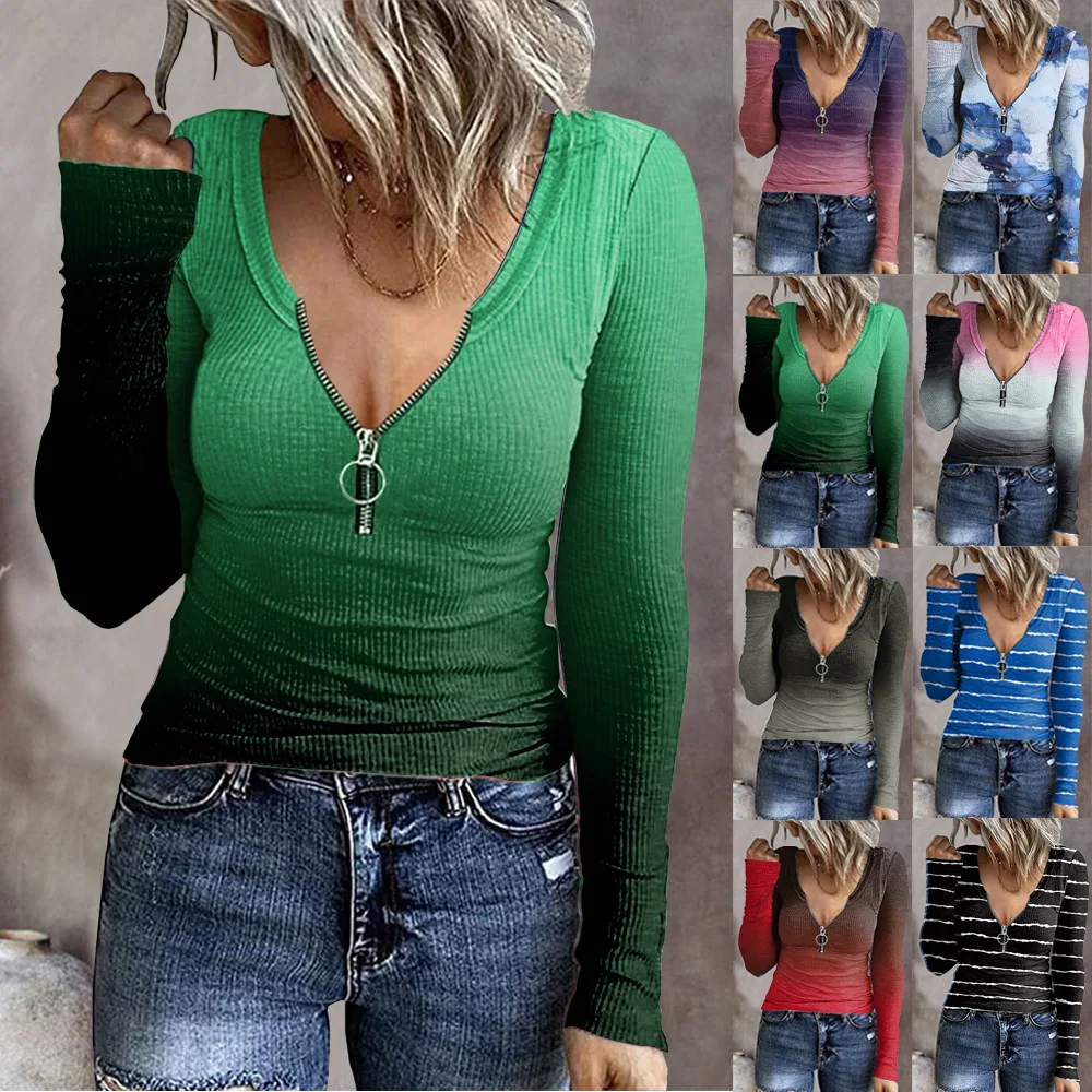 

Женская футболка на молнии с V-образным вырезом и градиентным принтом