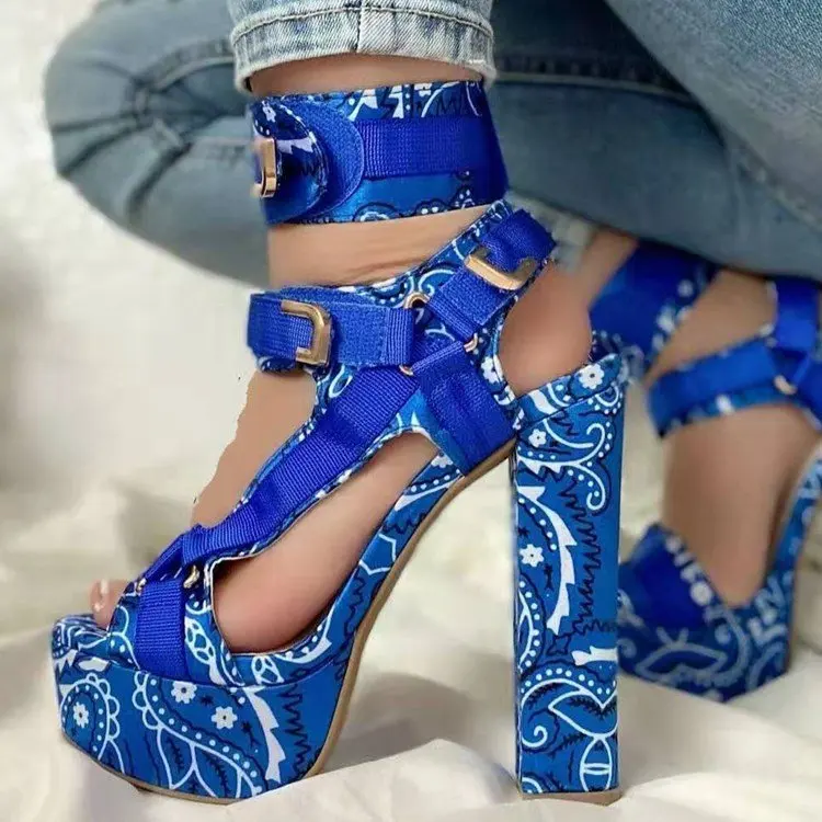 

Fashion waterproof thick soled women's sandals personality high-heeled shoes ankle straps single product summer floral new 2022
