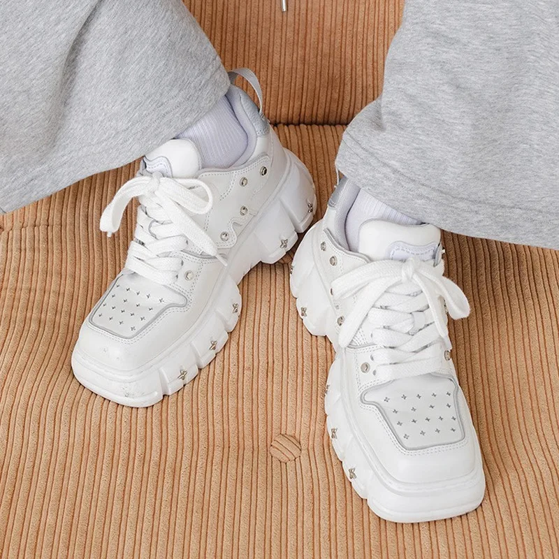 Spring Square Toe Show Feet Small Casual Women's Thick Bottom Increased Skateboard Shoes Butterfly Sneakers Rivet Embellished