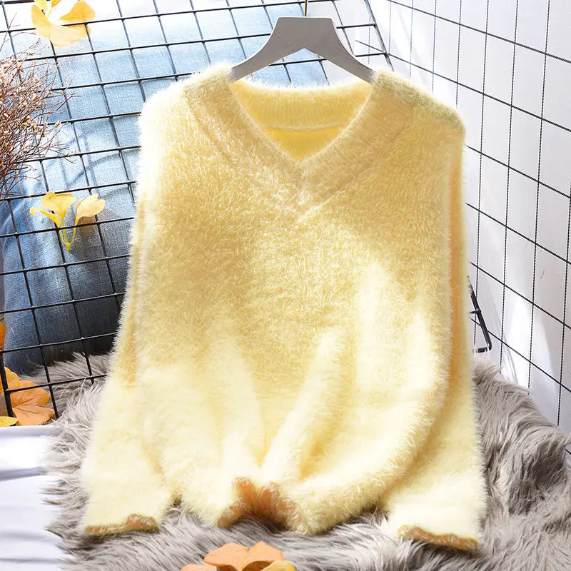 

2023 New Autumn and Winter Sweater Women V-collar Flocking Sweater Knitted Pullover Women Fashionable Solid Sweaters T266