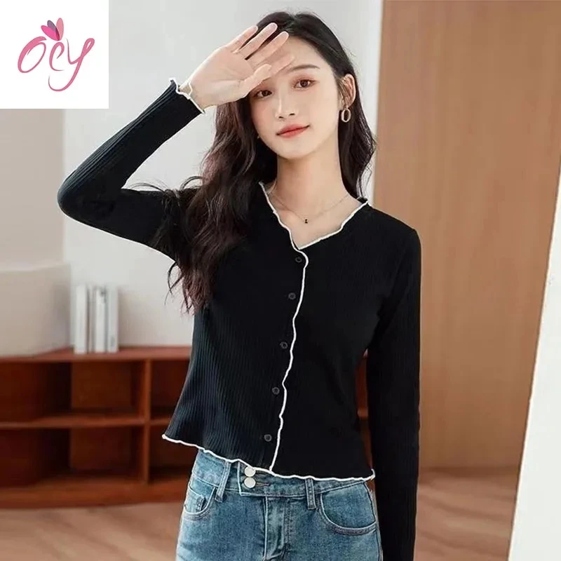 Пуловер с V-образным вырезом тонкая рубашка длинным рукавом Женская Весенняя