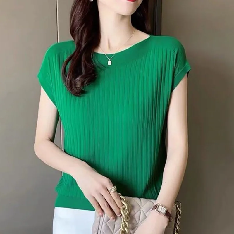 

Fashion O-Neck Knitted Loose Solid Color T-Shirt Female Clothing 2023 Summer New Casual Pullovers Short Sleeve Korean Tee Shirt