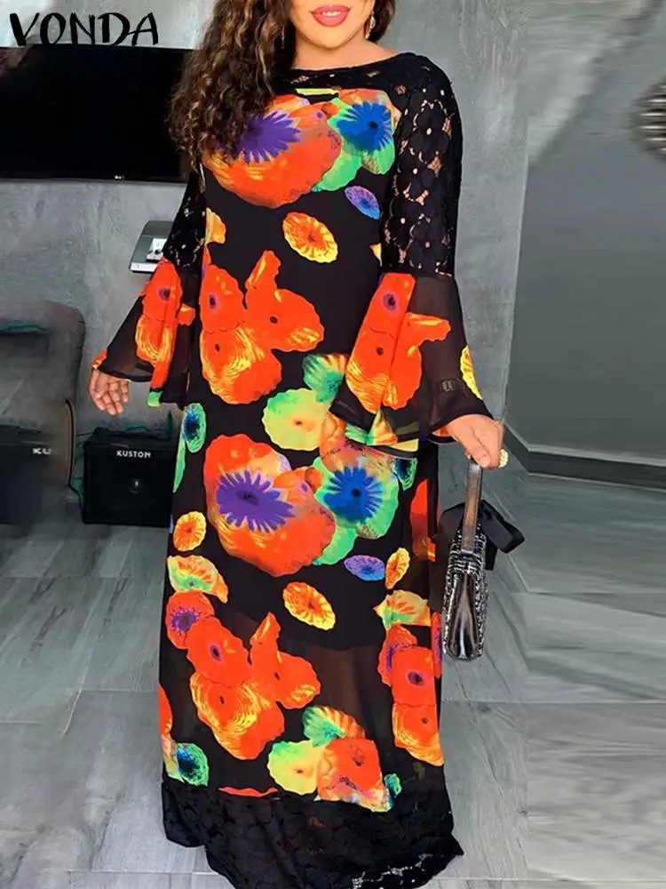 

VONDA 2022 Y2K Women Party Maxi Vestido Fashion Female A-Line Sundress Printed Holiday Robe Short Trumpet Sleeve Dress Oversize