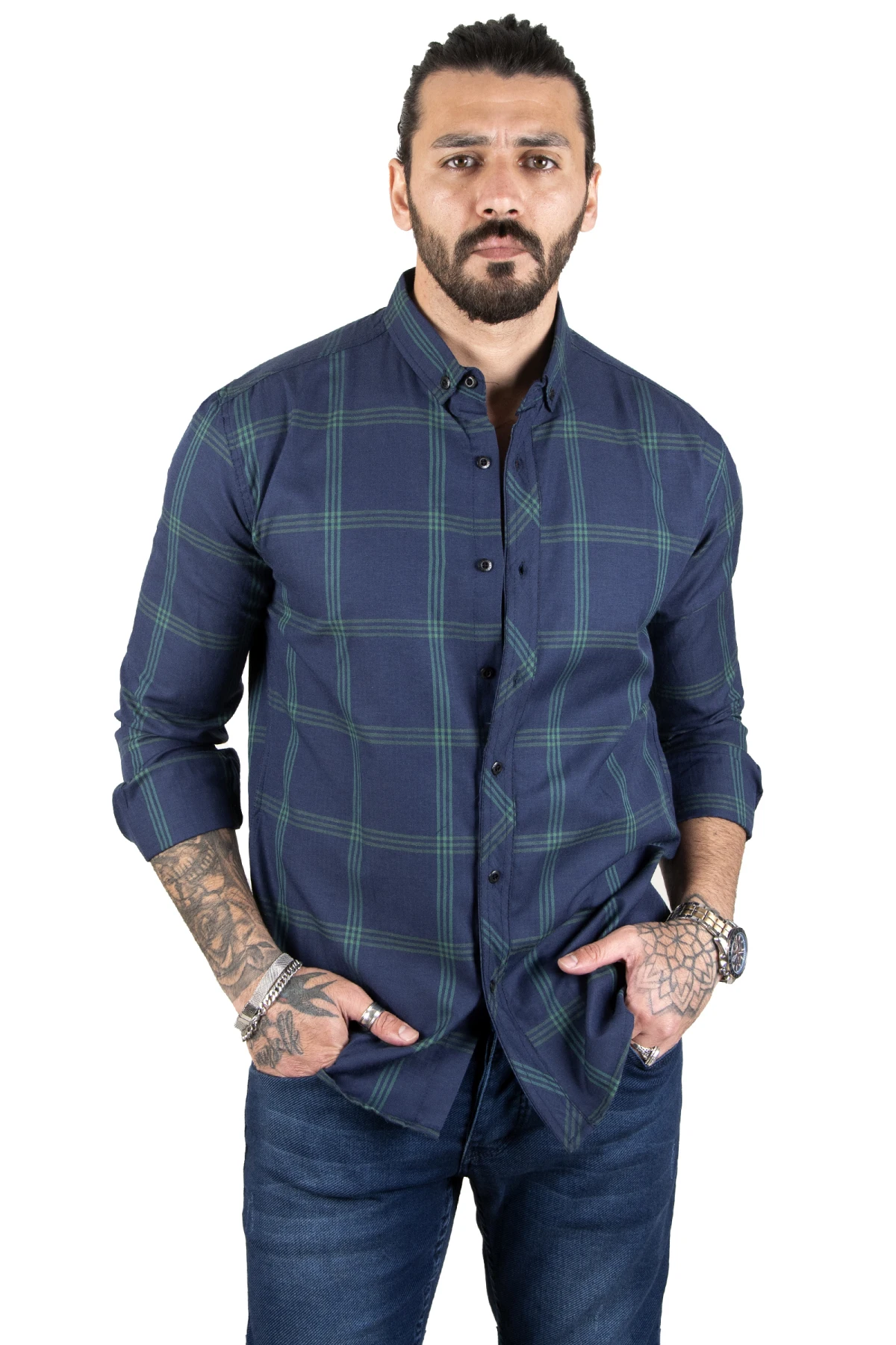 DeepSEA striped plaid patterned buttoned lycra long sleeve men's shirt 2101312
