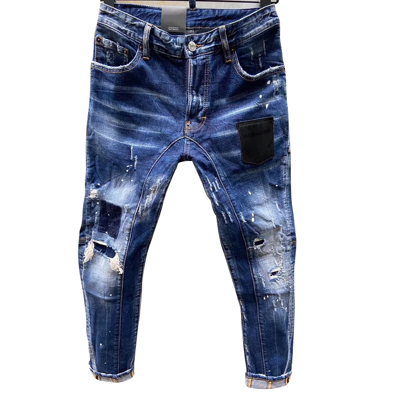 2023 New Starbags DSQ Trendy Men's Wash, worn patches, paint, hand stitches, small feet, dark blue jeans for men