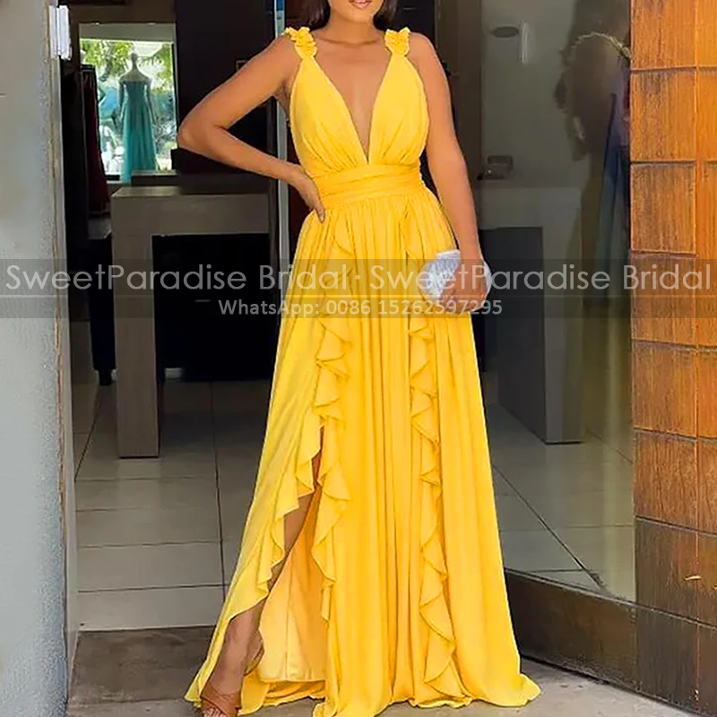 Длинные платья подружки невесты трапециевидной формы с оборками по бокам и