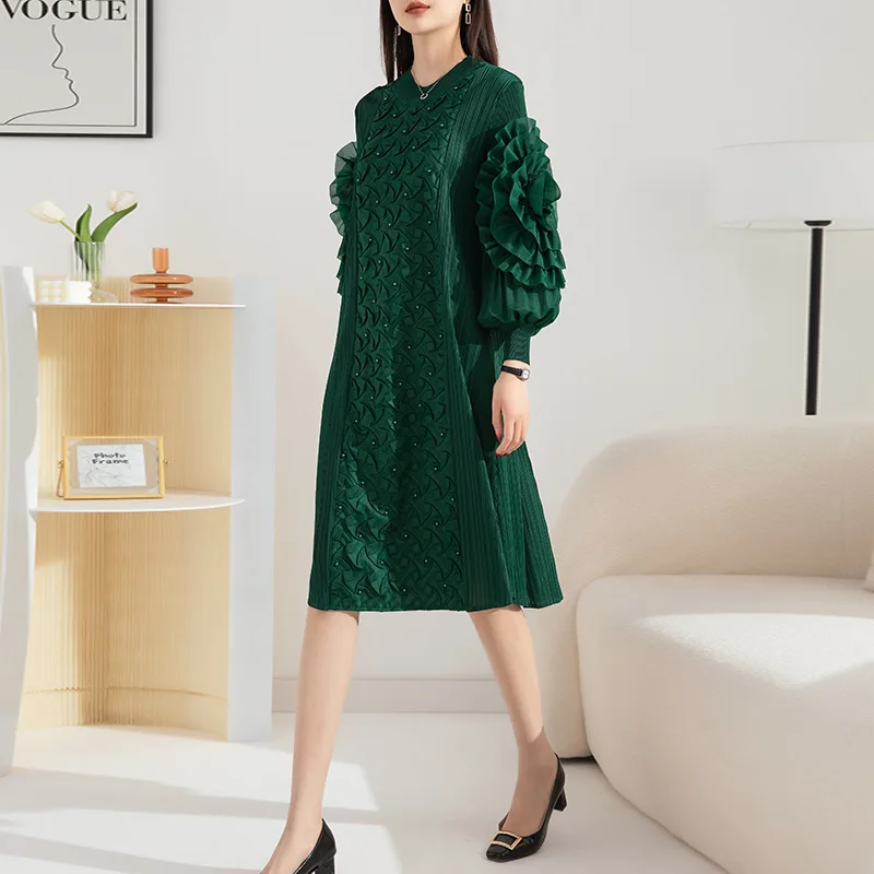 

Miyake Pleated Dress Women 2023 Spring Solid Color Embroidered Embossed round Neck Long Sleeve plus Size Elegant Dress for Women