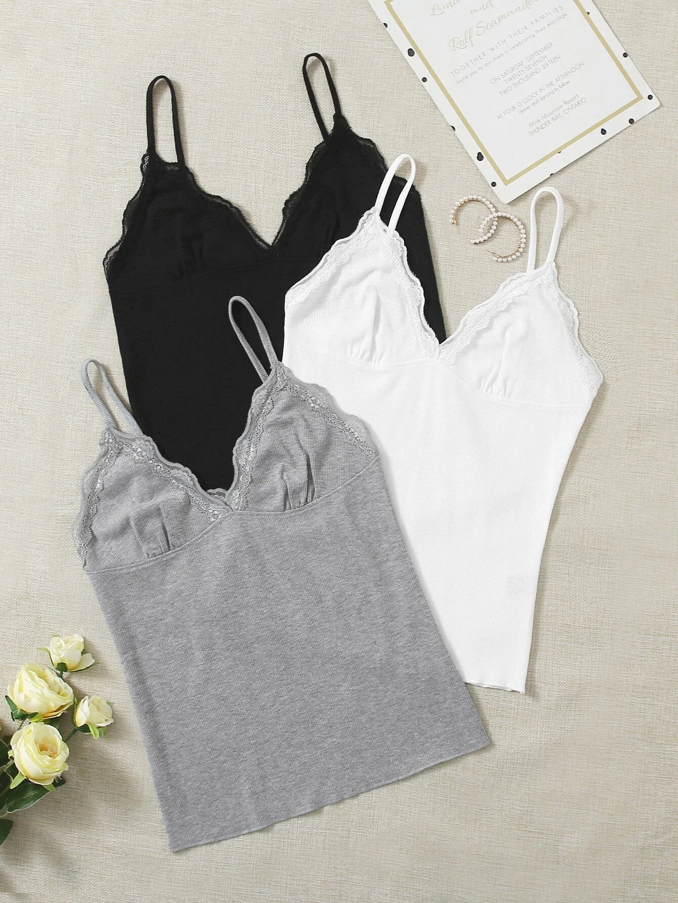 

3pcs Contrast Lace Bustier Sleep Cami Top