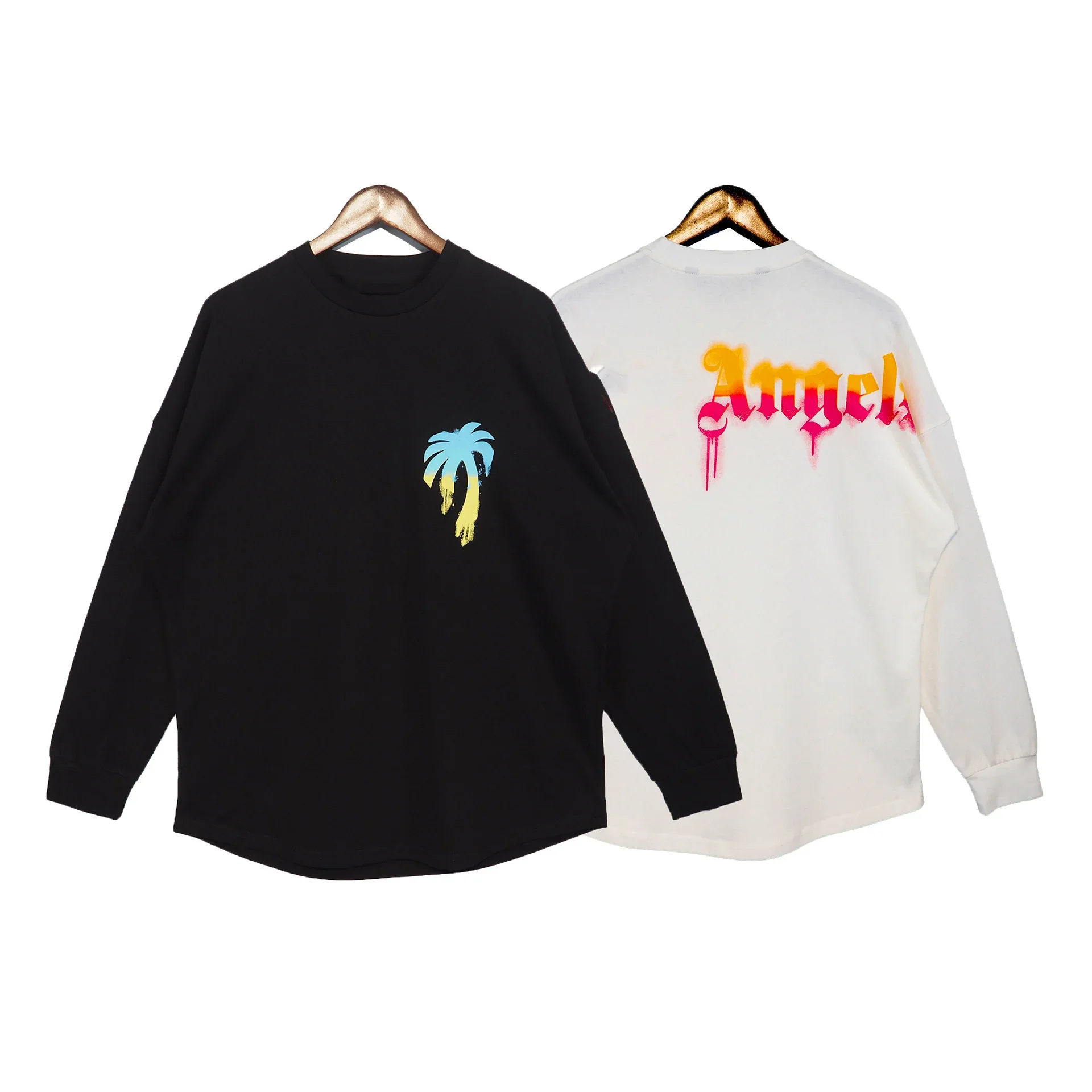 

2023 Palms Angels Gradual Graffiti Men's Long Sleeve T-shirt Street Fashion Loose Casual Drop Shoulder Sleeve Long Bottom