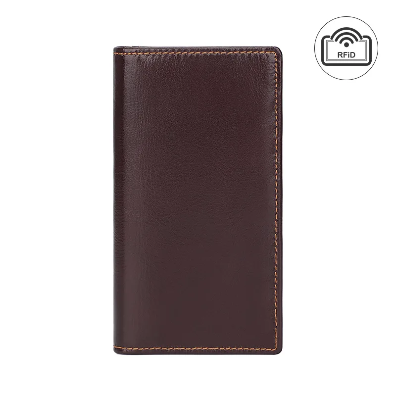 Retro Genuine Leather Men's Wallet Long Oil Wax Leather Wallet RFID Blocking Anti-theft 12 Card Holder Men Purse Wholesale
