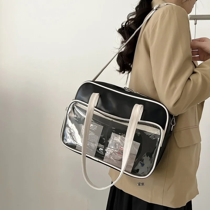 

Transparent Tote Bag Women's New Soft Leather Large Capacity Single Shoulder Bag Messenger Bag Class Handbag 이타백