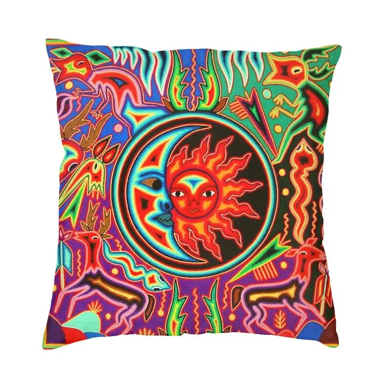 Luxury Mexican Sun Crescent Moon Colorful Huichol Cushion Cover Velvet Pillow Case for Living Room Office Hotel Pillowcase