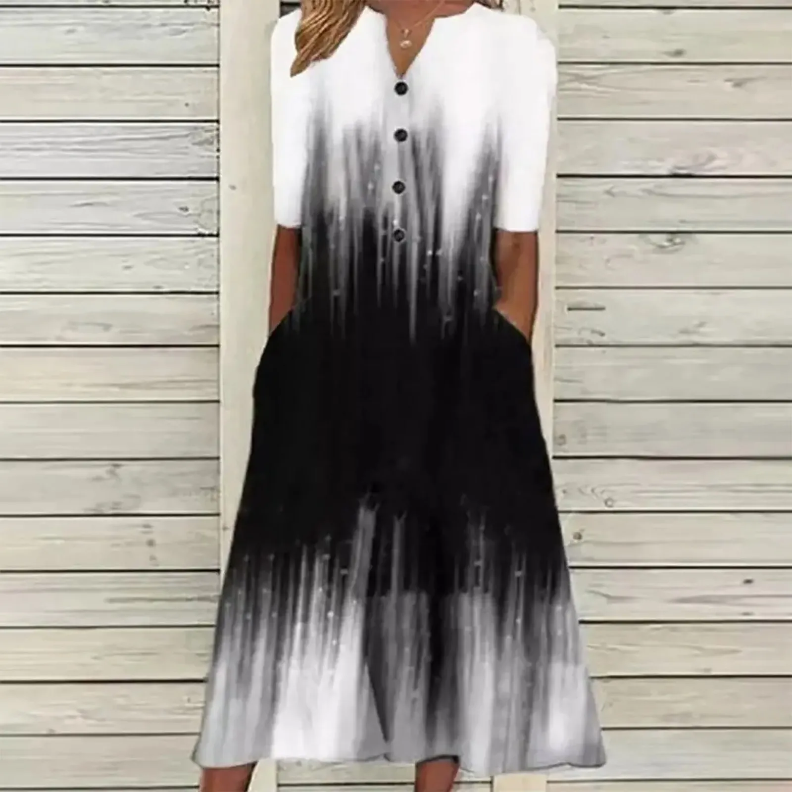 

Платье женское длинное с V-образным вырезом, повседневное в полоску, на пуговицах, с коротким рукавом, с карманами, праздничный миниатюрный с...