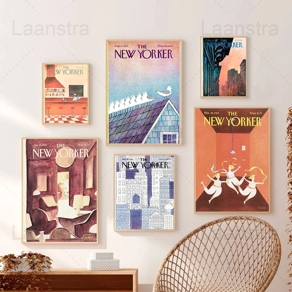 

New Yorker Magazine Poster Colorful Wall Art Print Pink Modern Fashion Pastel Building Canvas Painting Interior Room Home Decor