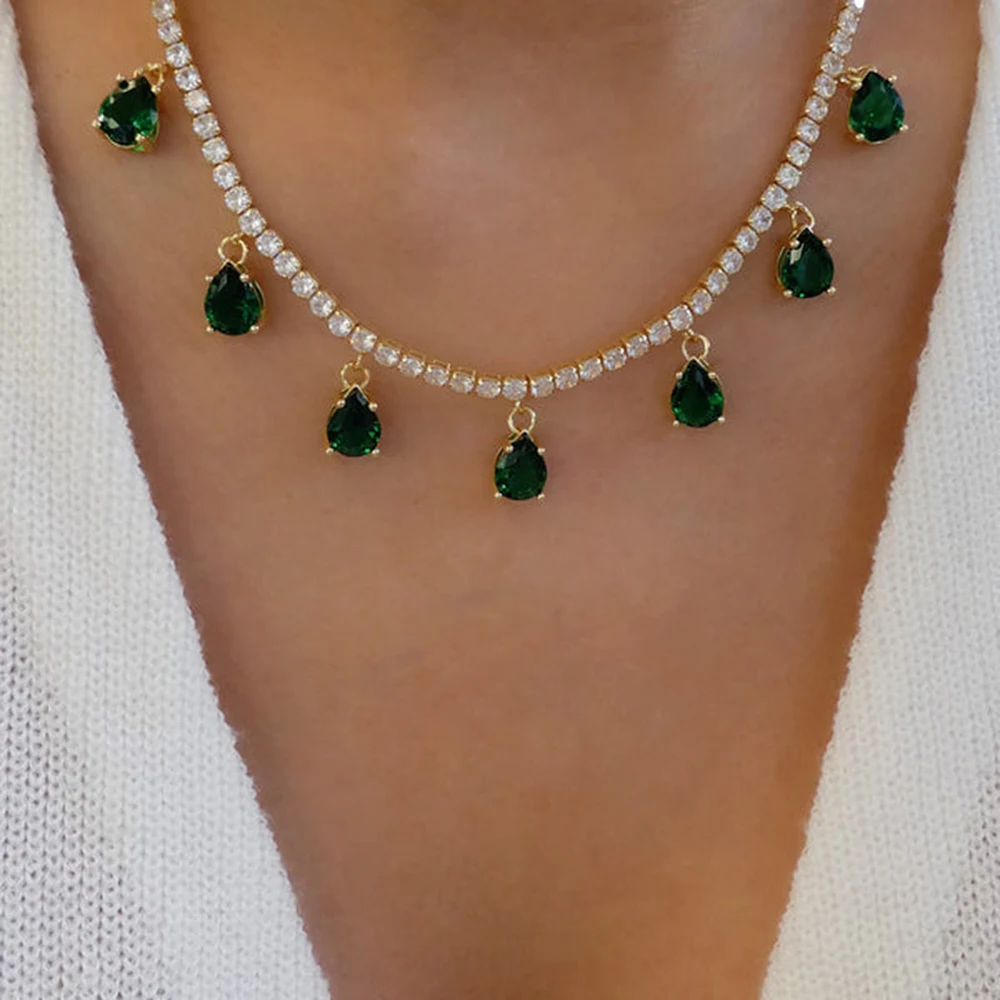 

Модные подвески в форме капли воды с зелеными кристаллами, женские чокеры, цепочка золотого цвета, чокер, ожерелья для женщин, ошейник, новые трендовые ювелирные изделия