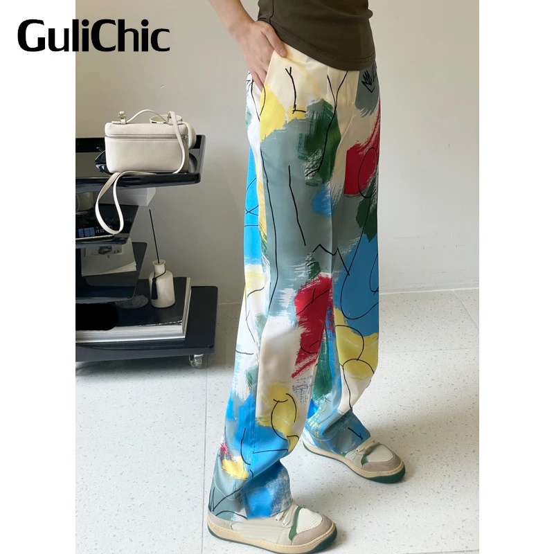 6.8 GuliChic Women Fashion Art Print Casual Straight Pants