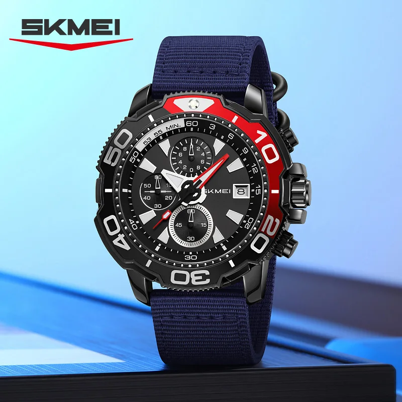 Фото SKMEI 9381 Новые мужские спортивные многофункциональные часы с датой и секундомером, мужские уличные кварцевые наручные часы с нейлоновым ремешком, секундомер с датой и временем №2