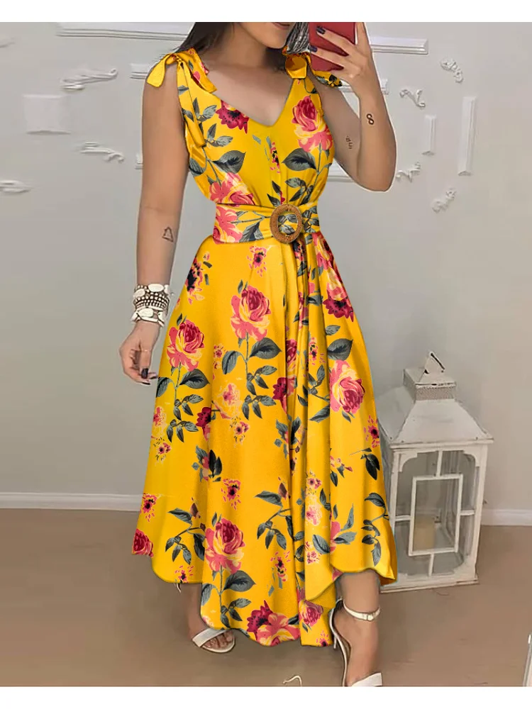

2023 Summer Dresses for Women Sunflower Print Tied Detail Sleeveless Maxi Dress with Belt Vestidos De Mujer Casual Robe Female