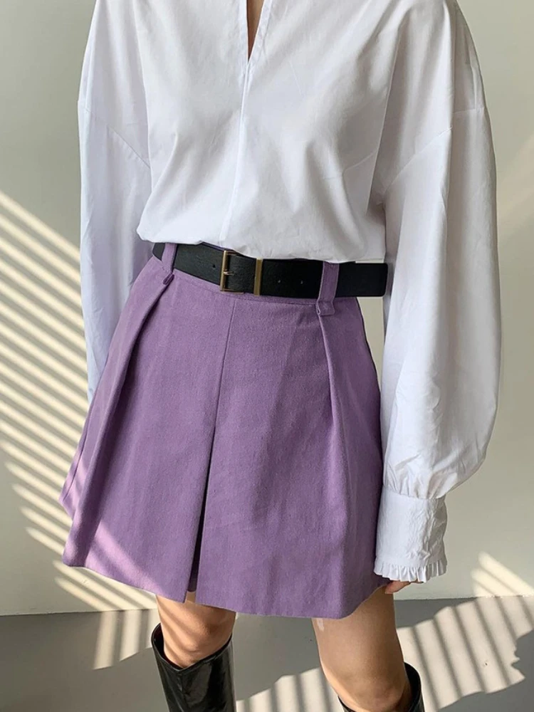 Summer Women High Waist Pleated Skirt Above Knee Cotton Elegant Office Lady Purple Casual Sexy A-line Mini Skirts for Girls Cute