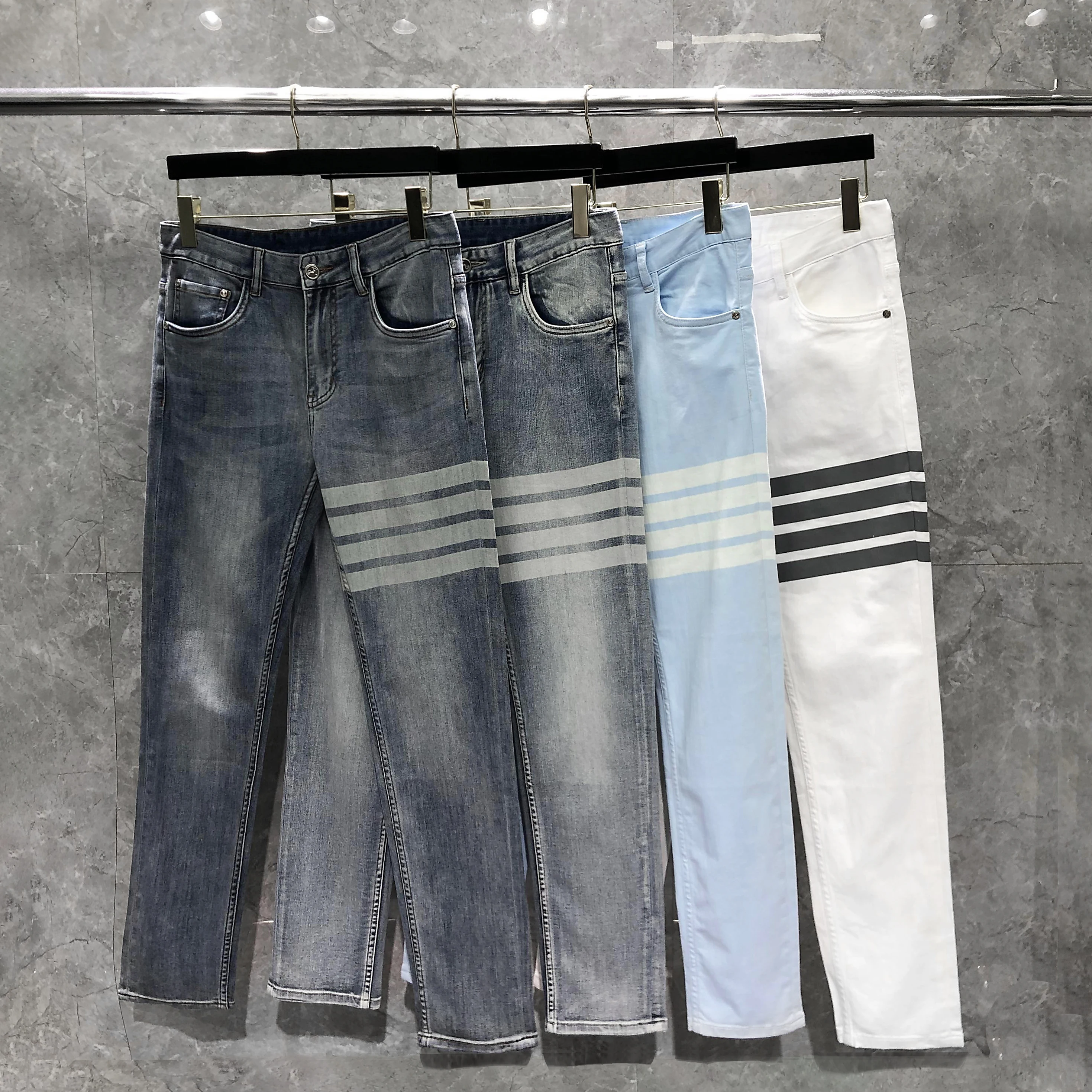 

TB THOM New Korea Jeans Men Four Seasons Jeans 4-bar Striped Straight Regular Stretch Denim Trousers Designer Men's Jeans Pants