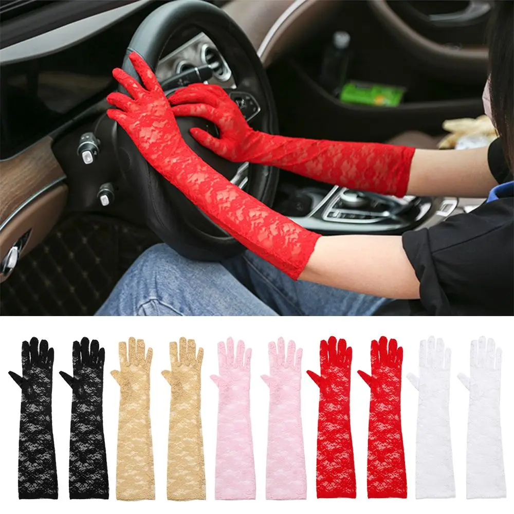 

Fashion Mesh Stretchy Floral Bride Hollow-Out Mittens Long Lace Gloves Driving Gloves Sunscreen Gloves