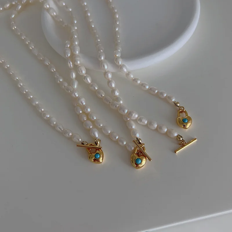 

Minar High Quality Genuine Freshwater Pearl Choker Necklace for Women Gold Love Heart Stone OT Toggle Clasp Pendant Necklaces