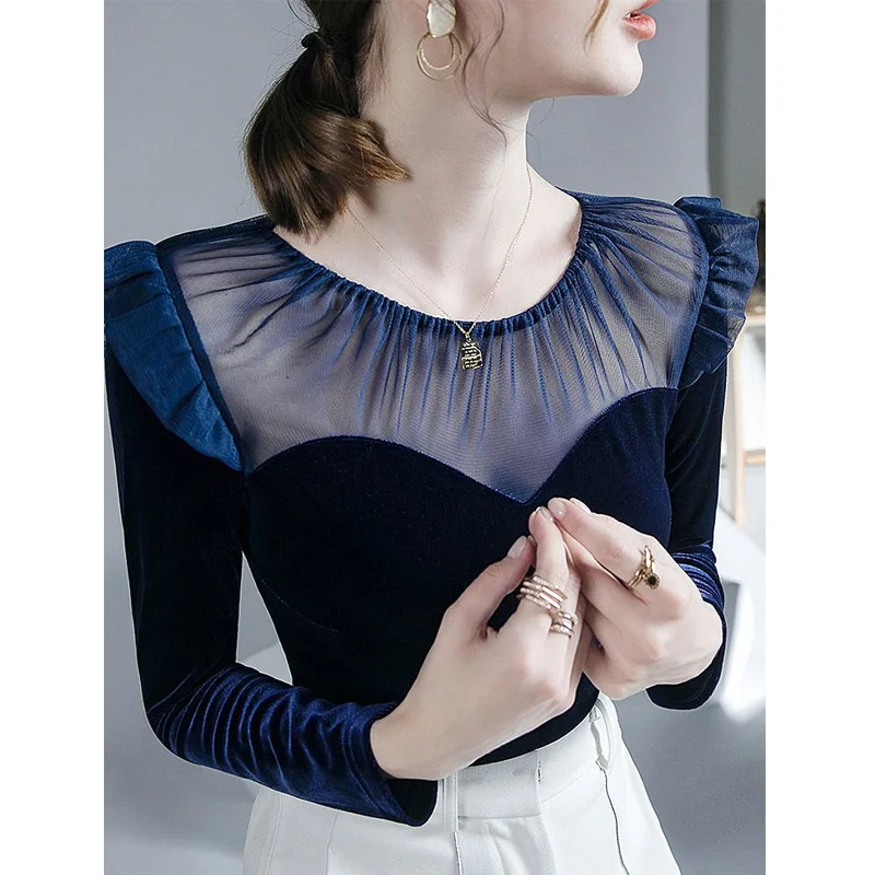 

Весенняя новинка, кружевные лоскутные тонкие топы, футболки с длинным рукавом, Однотонная рубашка, винтажная элегантная женская одежда