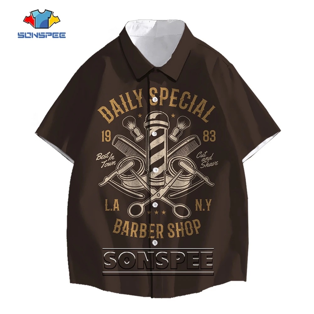 

SONSPEE 3D Print Brown Barber Shop Shirt Amazing Designs Comb Cut And Shave Men Women's Oversize Clothing Short Sleeve Blouse