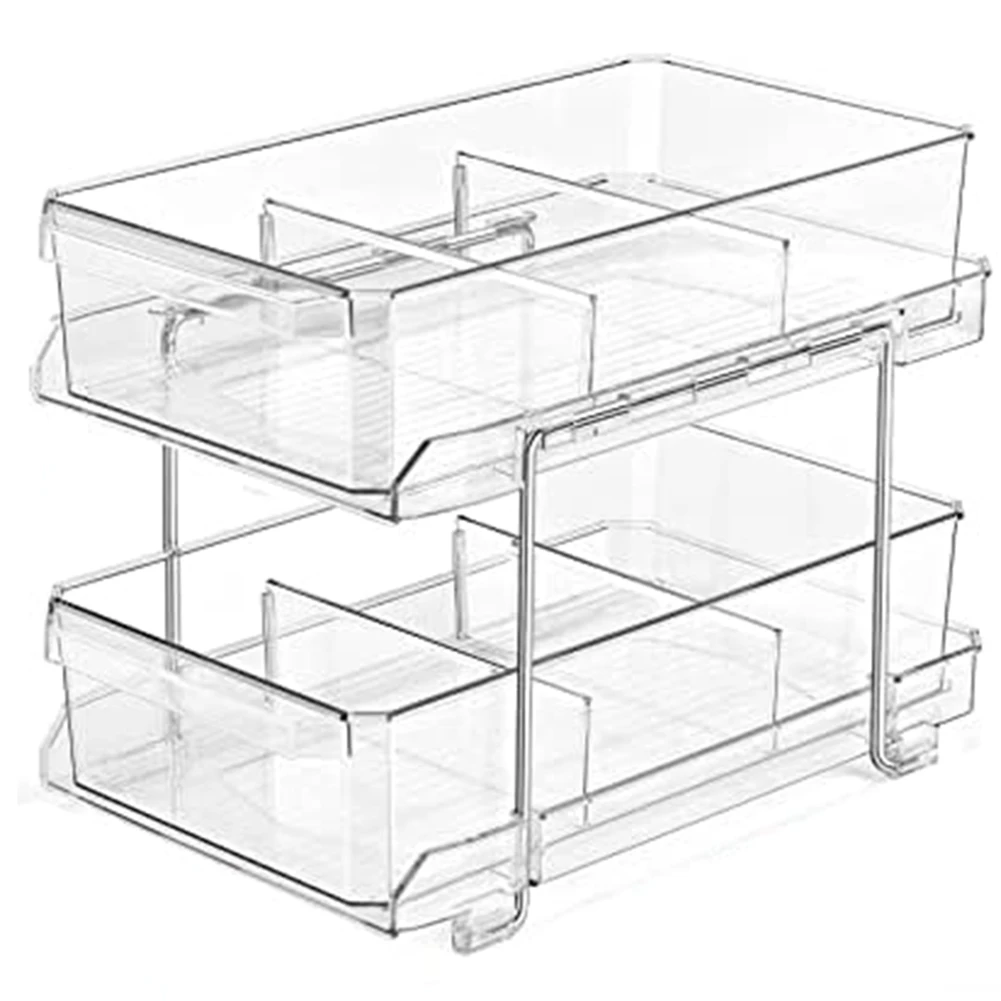 

2 Tier Clear Organizer with Dividers, Bathroom Vanity Counter Organizing Tray, Under Sink Closet Organization