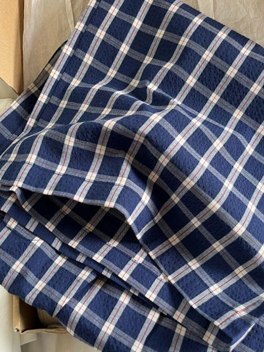 Женские прямые длинные брюки в клетку синие свободные с высокой талией на