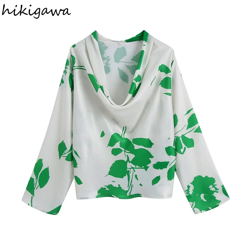 

Hikigawa Women Fashion Draped Collar With Floral Print Shirts Vintage Long Sleeve Loose Female Pullover Blouse Chic Tops Mujer